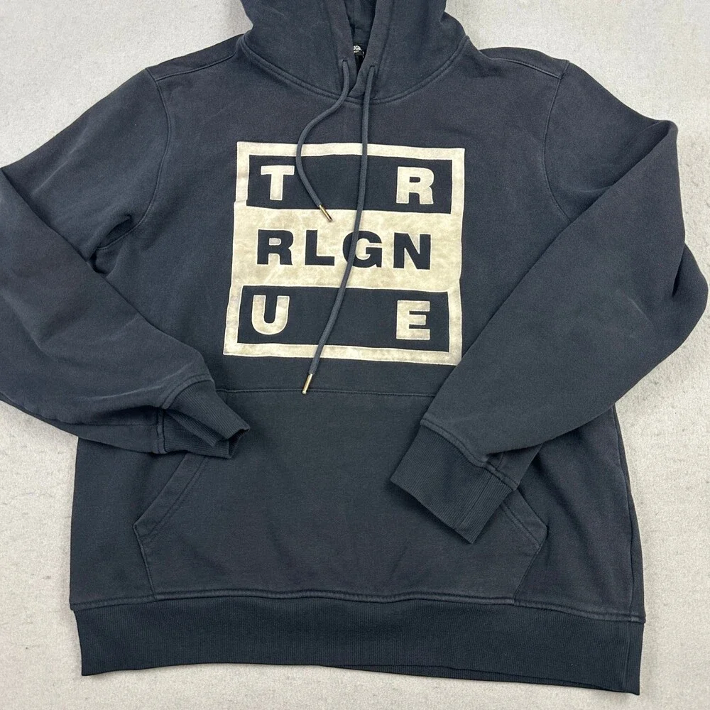 True Religion Hoodie Men Large Black Pullover Box Logo Graphic Sweatshirt L